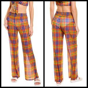 💕WEWOREWHAT💕 Plaid Print Smocked Mesh Pants ~ Swimsuit Coverup Large L NWT